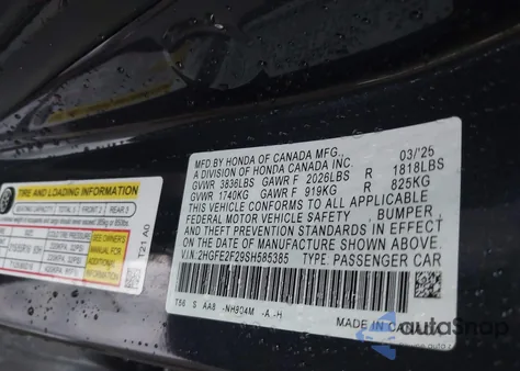 2025 Honda Civic Lx z USA, uszkodzony, nr VIN 2HGFE2F29SH585385